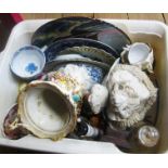A box containing various items of ceramics, including cups and saucers, ribbon plates, figures, etc.