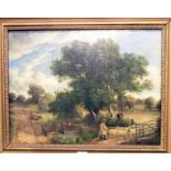 John J. Hughes: a gilt framed oil on canvas rural scene with shepherd and flock, watering cattle and