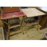A 19 3/4" old bamboo framed two tier occasional table with later red tiled inset top and woven