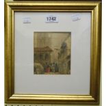 A gilt framed antique small watercolour, depicting a back street view with figures