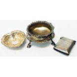 A silver salt, vesta case and embossed heart shaped pin tray