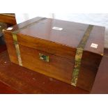 A 13 3/4" 19th Century mahogany writing slope with remains of brass banding and part fitted interior