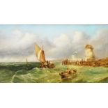 A gilt framed 19th Century Dutch oil on canvas, depicting rowing boat and fishing vessels off the