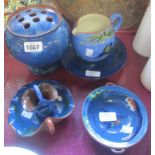 Five pieces of Torquay Pottery kingfisher ware comprising rose bowl, jug, plate and two dishes and a