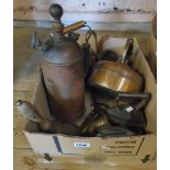 A box containing assorted metalware items, including "Enots" pressure garden sprayer, two kettles,