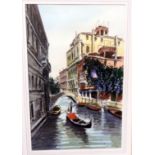 A framed print of Venice with gondolier and buildings in background