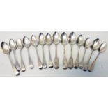 Eleven Georgian silver teaspoons and three Victorian similar - various assays and condition