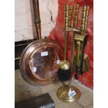 A brassed companion set - sold with a copper bed warming pan