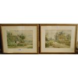 E. Hamilton: a pair of gilt framed watercolours depicting 19th Century village scenes with cottages,