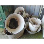A quantity of galvanised and enamelled items including flour bin, two pails, various basins and
