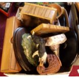 A box containing various collectables, including a conch shell, ebonised dressing table mirror.