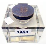 A 4" milled glass cubic inkwell with silver hinged flip top bearing large "H" initial - Birmingham