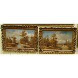 Jan Van Hessel: a pair of gilt framed oils on wood panels depicting views of lakeside cottages