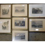 Seven Hogarth framed antique coloured book plates, depicting various views of Carlisle - sold with a
