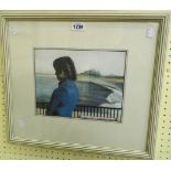 David Stubbs: a framed mixed media painting entitled "Bamburgh Castle", with figure standing in