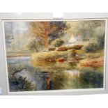 Arthur Miles: a framed watercolour of a riverside cottage with woodland beyond - signed and dated