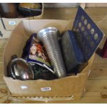 A box of collectable metal items, including spun aluminium vase, cutlery, teapot, etc.