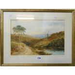 William Henry Dyer: a gilt framed watercolour, depicting a moorland river valley with windmill in
