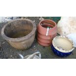 A terracotta chimney cowl - sold with a terracotta planter and a small part glazed planter