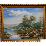 A gilt framed 20th Century oil on canvas, depicting a river landscape