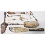 Two ornate fish servers and a cake slice - sold with silver and other cutlery