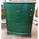 A 36" green painted bow front chest of two short and four long graduated drawers, set on bracket
