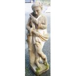 A 35" cast concrete garden statue in the form of a classical female leaning on a tree stump