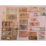 A large collection of foreign banknotes, including 1912 Russian 500 Rubles and 1910 100 Rubles (both