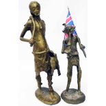 Two Ashanti bronze figures of labourers, one smoking a pipe, the other with toolbag