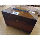 A 9" 19th Century mahogany sarcophagus shaped tea caddy with twin internal lids (one a/f), set on