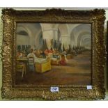 A gilt framed oil on canvas laid on board, depicting seamstresses seated at work in a vaulted
