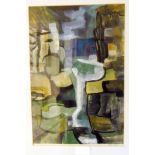 Carol Vincent: a framed mixed media abstract painting, depicting a waterfall -signed in pencil