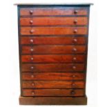 A 19 1/2" Victorian mahogany and stained wood specimen chest with flight of ten drawers, set on