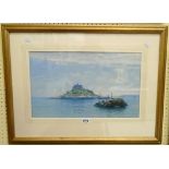 Ernest R. Fox: a gilt framed watercolour depicting St. Michaels Mount from Marazion at full tide -