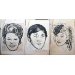 Tony Hawes: three unframed ink cartoon portraits, including Bobby Van - signed and inscribed -