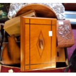 A box containing a collection of treen items, including Sorento plaque, boxes, ashtray, etc.