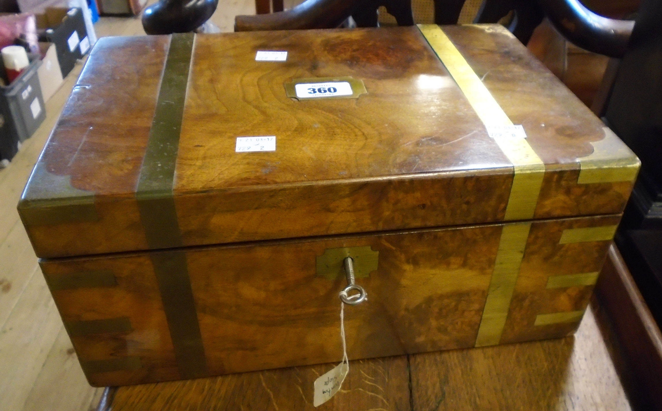 A 14" 19th Century walnut and brass bound writing slope with fitted interior including inkwell