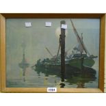 George Ayling: a framed oil on canvas board, depicting an atmospheric river scene with moored barge,