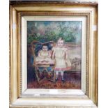 A gilt framed Victorian oil on canvas primitive study of two sisters, one standing the other