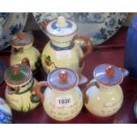 Four Watcombe Pottery cottage motto ware water jugs and one cockerel motto similar
