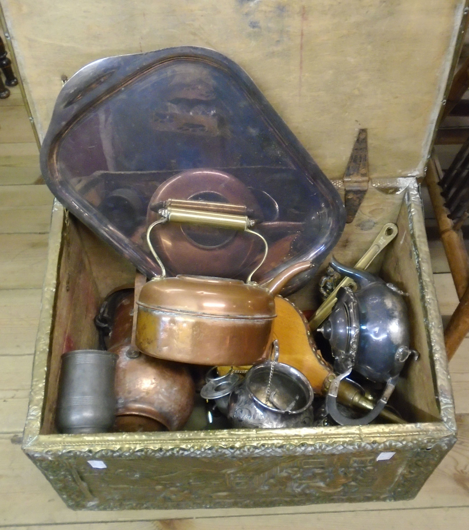 A brass clad coal box containing assorted items of metalwork, including copper lidded vessel, two