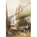 Alfred Leyman: a gilt framed watercolour depicting a Dartmouth street scene "Butterwalk" with market