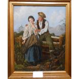 William Hemsley style of: a gilt framed oil painting on board, depicting a courting couple in