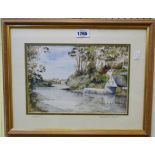 Elizabeth Clarke: a framed coloured print depicting a view at Helford - signed and titled in