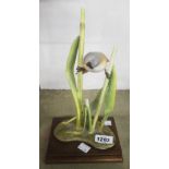 A 10 1/2" Royal Worcester figurine of a Bearded Reedling sat amongst reeds, set on a plinth -