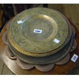 An Oriental brass charger - sold with ten other brass and copper trays