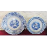 A 14" diameter blue and white two handled tureen base and an 11" diameter Rhine pattern vegetable