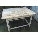 A 3' 6" old painted table with stretcher base - a/f - sold with an 8' 11" modern pin refectory style