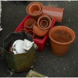 A box containing various terracotta plant pots - sold with a terracotta chimney cowl and a brass