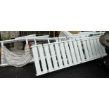 A Patio white plastic lounger, pair of deck chairs and table to match